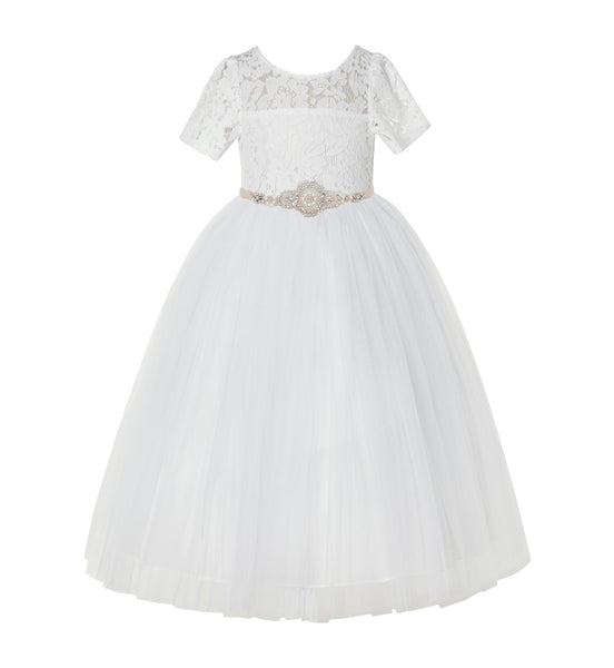 Ivory Floral Lace Flower Girl Dress with Sleeves Pretty Princess Gown Special Occasion Dresses LG2R7