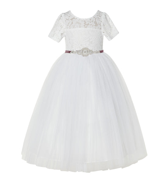 Ivory Floral Lace Flower Girl Dress with Sleeves Pretty Princess Gown Special Occasion Dresses LG2R7