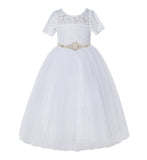 White Floral Lace Flower Girl Dress with Sleeves Pretty Princess Gown Special Occasion Dresses LG2R7