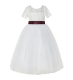 Floral Lace Flower Girl Dress with Sleeves Formal Junior Bridesmaid Gown for Toddler Girls LG2R