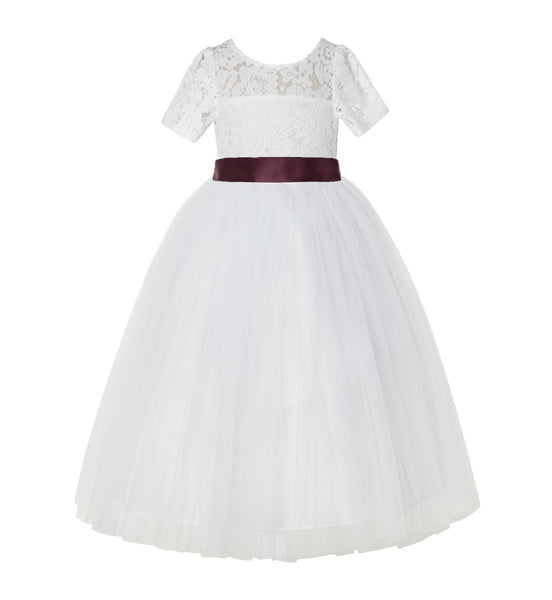 Floral Lace Flower Girl Dress with Sleeves Formal Junior Bridesmaid Gown for Toddler Girls LG2R