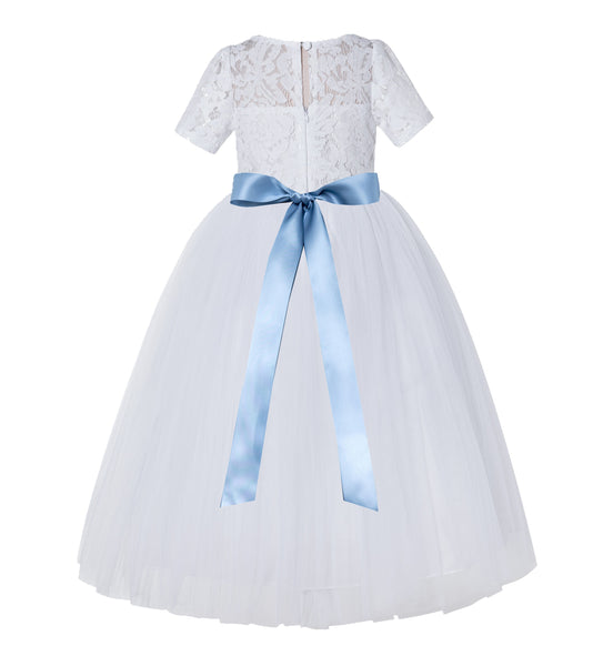 Floral Lace Flower Girl Dress with Sleeves Formal Junior Bridesmaid Gown for Toddler Girls LG2R