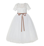 Floral Lace Flower Girl Dress with Sleeves Holy Communion Gown Formal Dance Recital Dresses LG2R1