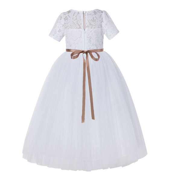 Floral Lace Flower Girl Dress with Sleeves Holy Communion Gown Formal Dance Recital Dresses LG2R1