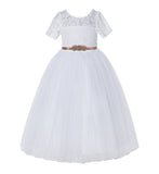 Floral Lace Flower Girl Dress with Sleeves Holy Communion Gown Formal Dance Recital Dresses LG2R1