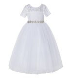 Floral Lace Flower Girl Dress with Sleeves Holy Baptism Gown Formal Photoshoot Dresses LG2R2
