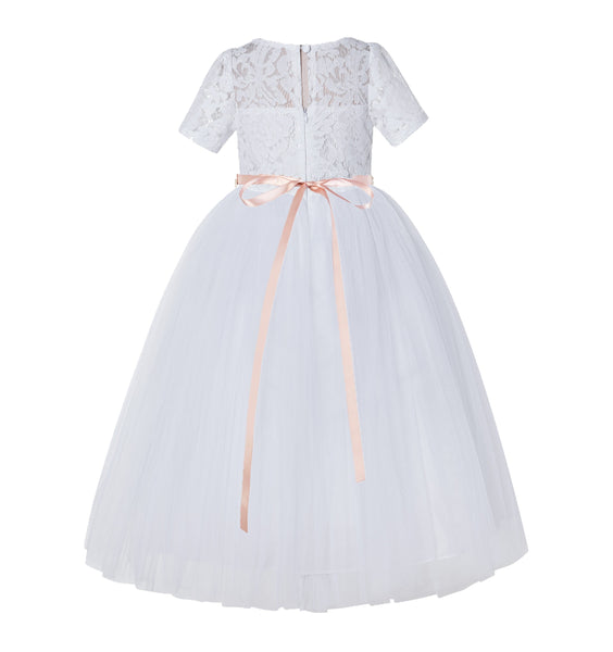 Floral Lace Flower Girl Dress with Sleeves Holy Baptism Gown Formal Photoshoot Dresses LG2R2