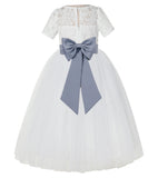 Ivory Floral Lace Flower Girl Dress with Sleeves Formal Pageant Dresses for Toddler Girls LG2T(1)