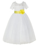 Ivory Floral Lace Flower Girl Dress with Sleeves Formal Pageant Dresses for Toddler Girls LG2T(1)