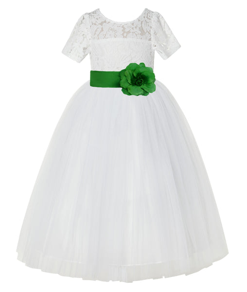 Ivory Floral Lace Flower Girl Dress with Sleeves Formal Pageant Dresses for Toddler Girls LG2T(1)