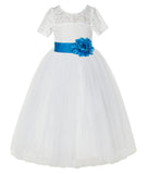 Ivory Floral Lace Flower Girl Dress with Sleeves Formal Pageant Dresses for Toddler Girls LG2T(2)