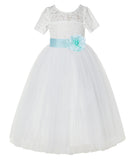 Ivory Floral Lace Flower Girl Dress with Sleeves Formal Pageant Dresses for Toddler Girls LG2T(1)