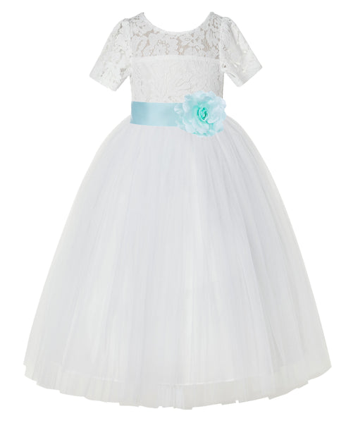 Ivory Floral Lace Flower Girl Dress with Sleeves Formal Pageant Dresses for Toddler Girls LG2T(1)