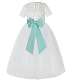 Ivory Floral Lace Flower Girl Dress with Sleeves Formal Pageant Dresses for Toddler Girls LG2T(1)