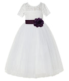 Ivory Floral Lace Flower Girl Dress with Sleeves Formal Pageant Dresses for Toddler Girls LG2T(1)