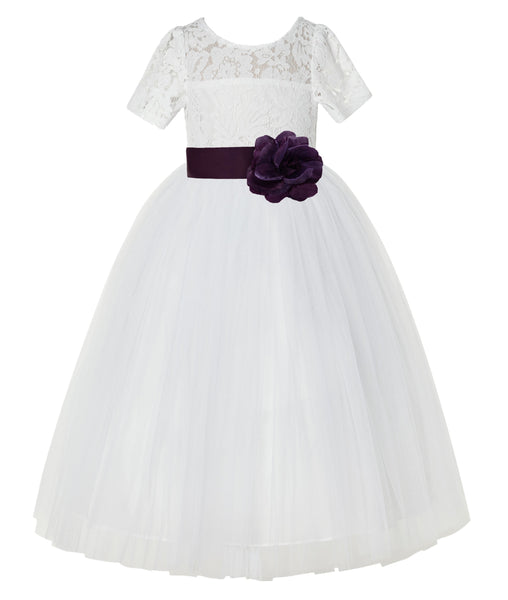 Ivory Floral Lace Flower Girl Dress with Sleeves Formal Pageant Dresses for Toddler Girls LG2T(1)