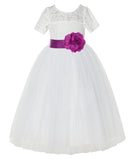 Ivory Floral Lace Flower Girl Dress with Sleeves Formal Pageant Dresses for Toddler Girls LG2T(2)