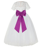 Ivory Floral Lace Flower Girl Dress with Sleeves Formal Pageant Dresses for Toddler Girls LG2T(2)