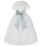 Ivory Floral Lace Flower Girl Dress with Sleeves Formal Pageant Dresses for Toddler Girls LG2T(1)