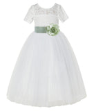 Ivory Floral Lace Flower Girl Dress with Sleeves Formal Pageant Dresses for Toddler Girls LG2T(1)