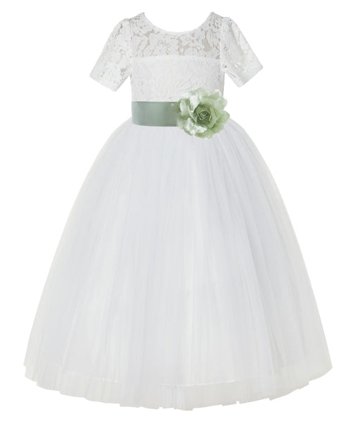 Ivory Floral Lace Flower Girl Dress with Sleeves Formal Pageant Dresses for Toddler Girls LG2T(1)