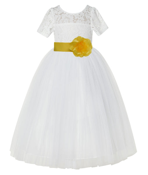 Ivory Floral Lace Flower Girl Dress with Sleeves Formal Pageant Dresses for Toddler Girls LG2T(1)