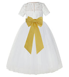 Ivory Floral Lace Flower Girl Dress with Sleeves Formal Pageant Dresses for Toddler Girls LG2T(1)
