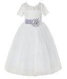 Ivory Floral Lace Flower Girl Dress with Sleeves Formal Pageant Dresses for Toddler Girls LG2T(1)