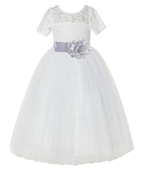 Ivory Floral Lace Flower Girl Dress with Sleeves Formal Pageant Dresses for Toddler Girls LG2T(1)