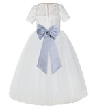 Ivory Floral Lace Flower Girl Dress with Sleeves Formal Pageant Dresses for Toddler Girls LG2T(1)