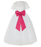 Ivory Floral Lace Flower Girl Dress with Sleeves Formal Pageant Dresses for Toddler Girls LG2T(1)