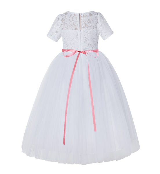 Floral Lace Flower Girl Dress with Sleeves Church Christening Gown Junior Pageant Gown LG2R4