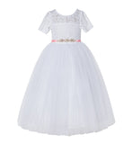Floral Lace Flower Girl Dress with Sleeves Church Christening Gown Junior Pageant Gown LG2R4