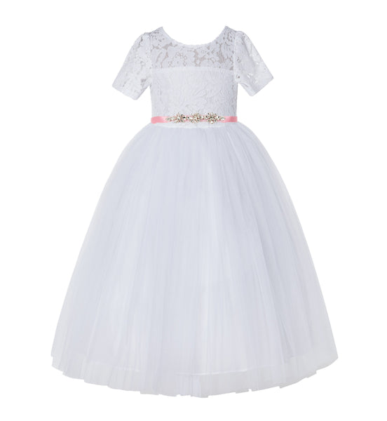 Floral Lace Flower Girl Dress with Sleeves Church Christening Gown Junior Pageant Gown LG2R4