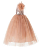 One Shoulder Feather Flower Girl Dress Junior Bridesmaid Gown Communion Baptism Christening OS2