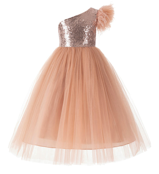 One Shoulder Feather Flower Girl Dress Junior Bridesmaid Gown Communion Baptism Christening OS2
