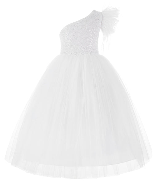 One Shoulder Feather Flower Girl Dress Junior Bridesmaid Gown Communion Baptism Christening OS2