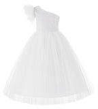One Shoulder Feather Flower Girl Dress Junior Bridesmaid Gown Communion Baptism Christening OS2