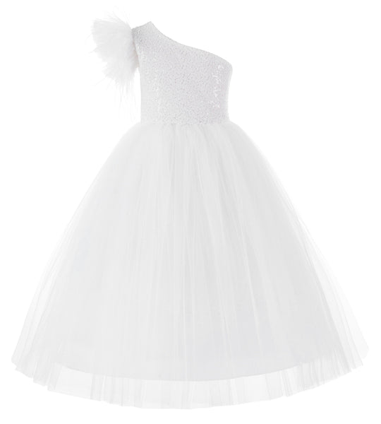 One Shoulder Feather Flower Girl Dress Junior Bridesmaid Gown Communion Baptism Christening OS2