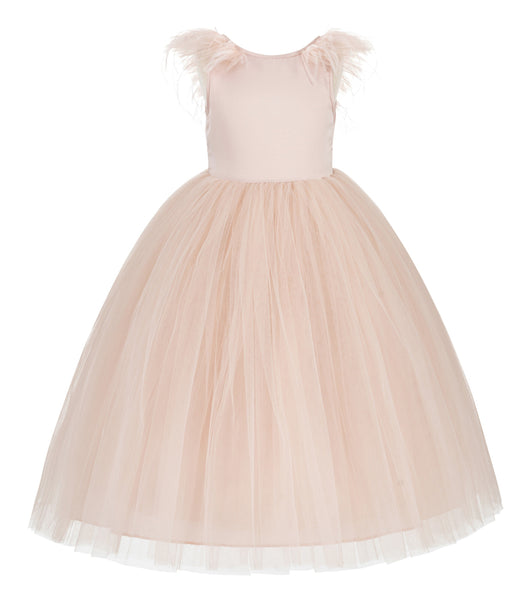 Backless V-Back Ostrich Feather Flower Girl Dress Photoshoot Gown Special Occasions Ceremony OS3