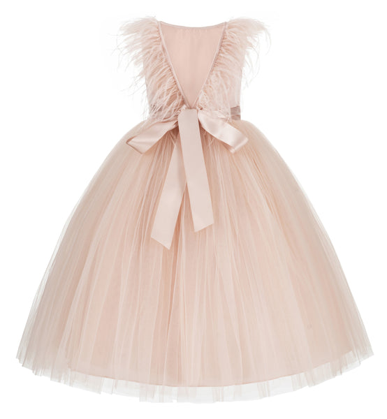 Backless V-Back Ostrich Feather Flower Girl Dress Photoshoot Gown Special Occasions Ceremony OS3