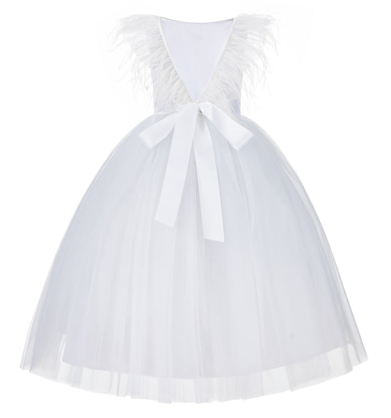 Backless V-Back Ostrich Feather Flower Girl Dress Photoshoot Gown Special Occasions Ceremony OS3